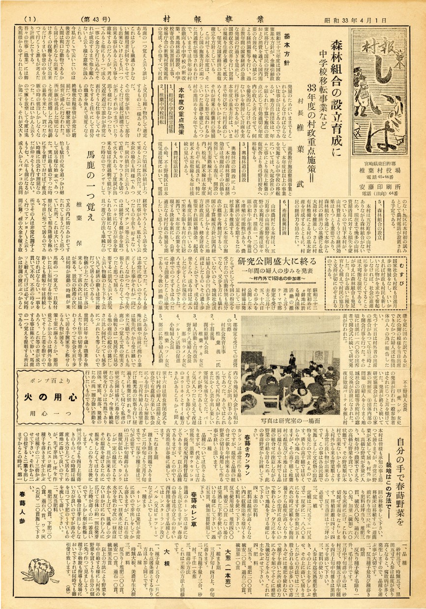 村報 しいば　第43号　1958年4月発行の表紙画像